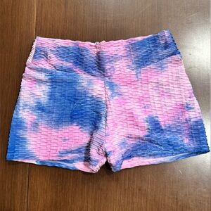 Workout Shorts. Pink and Blue Tie-Dye Ruched Butt